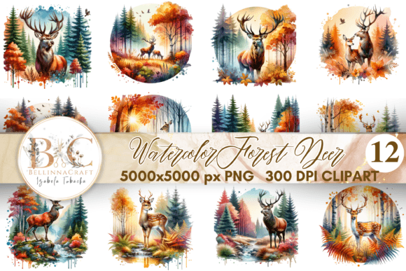 Download Watercolor Autumn Forest Deer Clipart - Premium Bundle